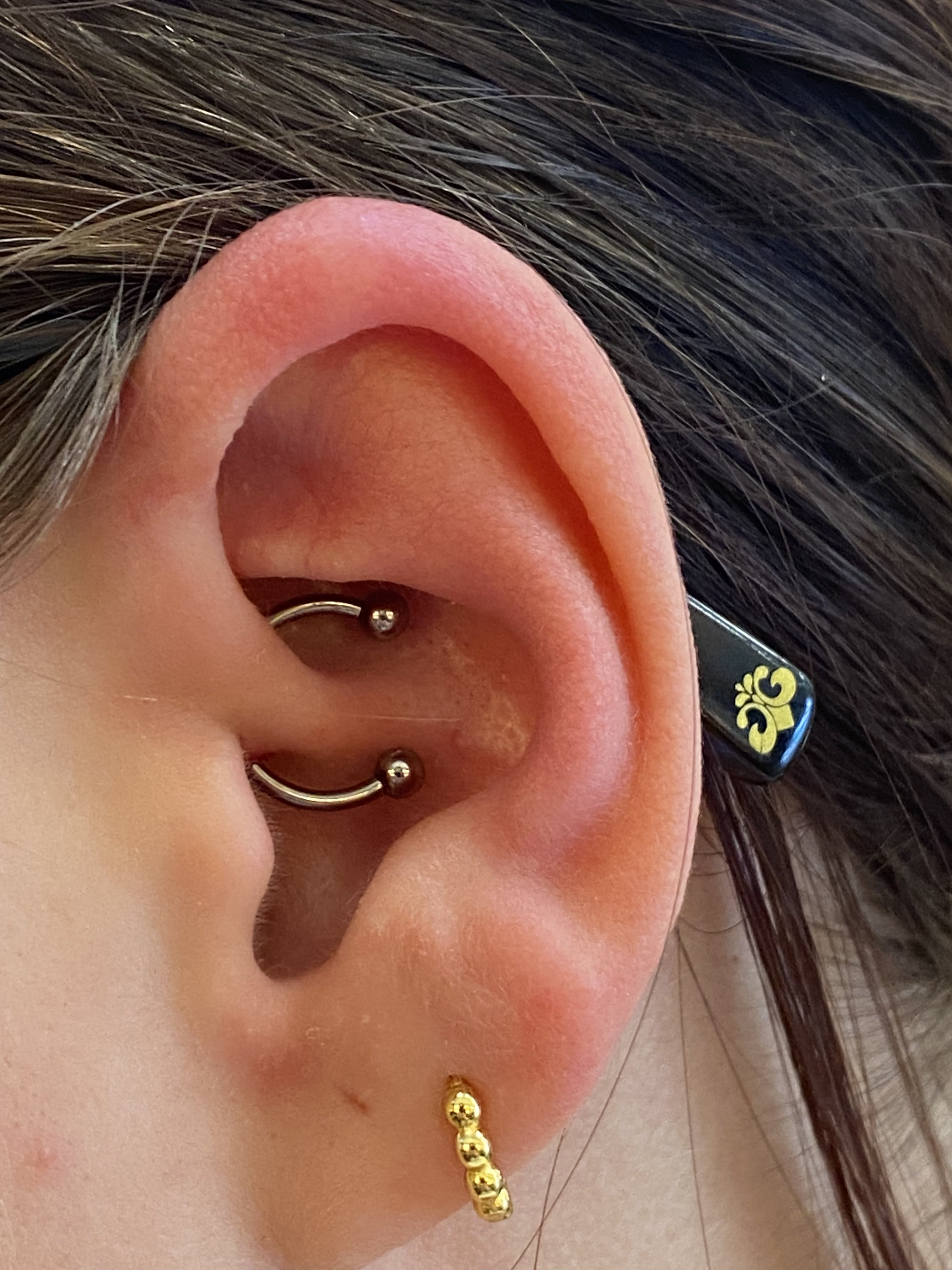 Daith ring with gold fleur-de-lis tragus stud and gold chain lobe earring