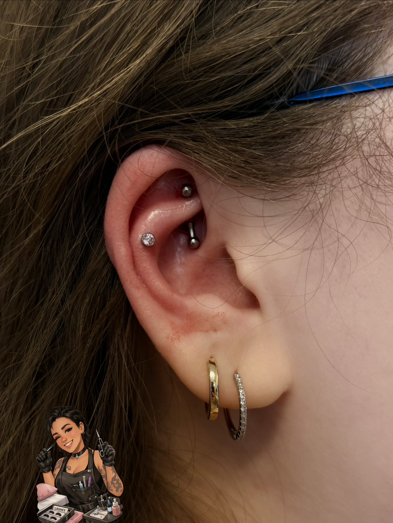 Red garnet daith ring with crystal conch stud and gold hoops